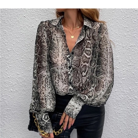Snakeskin Print Cuffed Long Sleeve Sheer Top Blouse Button Down Shirt - Picture 12 of 12